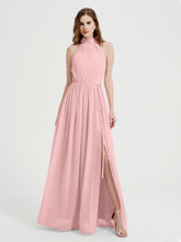 Col Haut Mousseline Robes Avec Fente Et Ceinture Nœud Rose Poudré