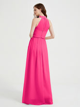 Col Haut Mousseline Robes Avec Fente Et Ceinture Nœud Fuchsia
