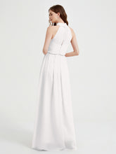 Col Haut Mousseline Robes Avec Fente Et Ceinture Nœud Ivoire