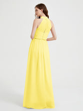 Col Haut Mousseline Robes Avec Fente Et Ceinture Nœud Citron