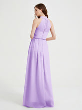 Col Haut Mousseline Robes Avec Fente Et Ceinture Nœud Lilas