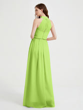 Col Haut Mousseline Robes Avec Fente Et Ceinture Nœud Vert Citron