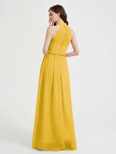 Col Haut Mousseline Robes Avec Fente Et Ceinture Nœud Souci