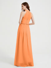 Col Haut Mousseline Robes Avec Fente Et Ceinture Nœud Orange