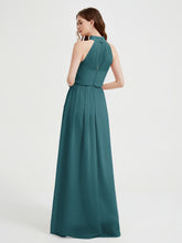 Col Haut Mousseline Robes Avec Fente Et Ceinture Nœud Paon
