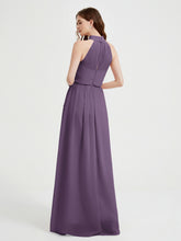 Col Haut Mousseline Robes Avec Fente Et Ceinture Nœud Plum