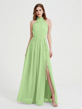 Col Haut Mousseline Robes Avec Fente Et Ceinture Nœud Sauge