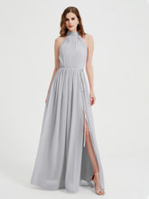Col Haut Mousseline Robes Avec Fente Et Ceinture Nœud Argent