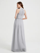 Col Haut Mousseline Robes Avec Fente Et Ceinture Nœud Argent