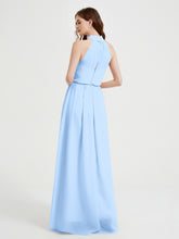 Col Haut Mousseline Robes Avec Fente Et Ceinture Nœud Bleu Ciel