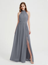 Col Haut Mousseline Robes Avec Fente Et Ceinture Nœud Gris Acier