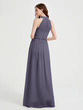 Col Haut Mousseline Robes Avec Fente Et Ceinture Nœud Orageux