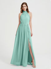 Col Haut Mousseline Robes Avec Fente Et Ceinture Nœud Turquoise