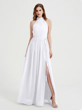 Col Haut Mousseline Robes Avec Fente Et Ceinture Nœud Blanc
