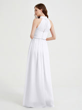 Col Haut Mousseline Robes Avec Fente Et Ceinture Nœud Blanc