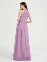 Col Haut Mousseline Robes Avec Fente Et Ceinture Nœud Glycine