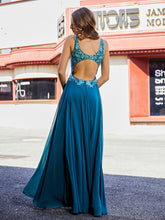 Robe de Soirée de A-ligne en Mousseline et Dentelle à Col en V Bleu Encre