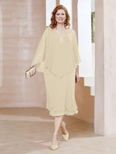 Robe Fourreau en Mousseline à Col en V Longueur de Mollet Champagne