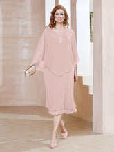 Robe Fourreau en Mousseline à Col en V Longueur de Mollet Rose Poudré