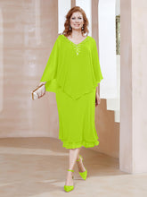 Robe Fourreau en Mousseline à Col en V Longueur de Mollet Vert Citron
