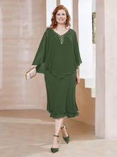 Robe Fourreau en Mousseline à Col en V Longueur de Mollet Olive Verte