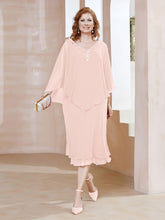 Robe Fourreau en Mousseline à Col en V Longueur de Mollet Rose Perle