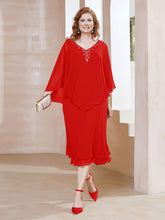 Robe Fourreau en Mousseline à Col en V Longueur de Mollet Rouge