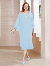 Robe Fourreau en Mousseline à Col en V Longueur de Mollet Bleu Ciel