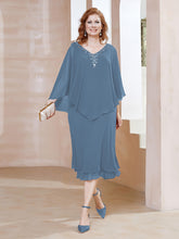 Robe Fourreau en Mousseline à Col en V Longueur de Mollet Bleu de Schiste
