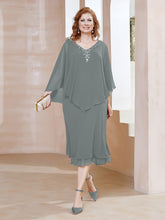 Robe Fourreau en Mousseline à Col en V Longueur de Mollet Gris Acier