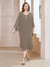 Robe Fourreau en Mousseline à Col en V Longueur de Mollet Taupe