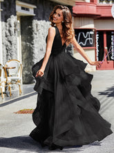 Robe de Soirée Princesse en Tulle à Col en V Longueur au Sol Noir