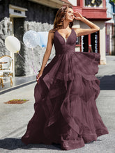 Robe de Soirée Princesse en Tulle à Col en V Longueur au Sol Cabernet
