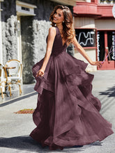 Robe de Soirée Princesse en Tulle à Col en V Longueur au Sol Cabernet