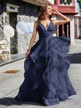 Robe de Soirée Princesse en Tulle à Col en V Longueur au Sol Bleu Marine