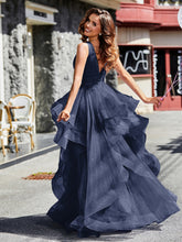 Robe de Soirée Princesse en Tulle à Col en V Longueur au Sol Bleu Marine
