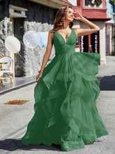 Robe de Soirée Princesse en Tulle à Col en V Longueur au Sol Emeraude Grande Taille