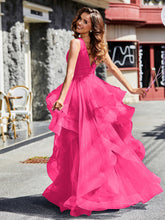Robe de Soirée Princesse en Tulle à Col en V Longueur au Sol Fuchsia