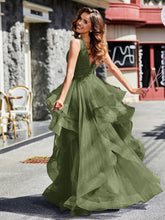 Robe de Soirée Princesse en Tulle à Col en V Longueur au Sol Olive Verte