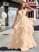 Robe de Soirée Princesse en Tulle à Col en V Longueur au Sol Pêche