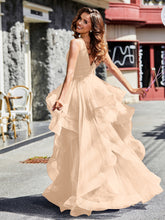 Robe de Soirée Princesse en Tulle à Col en V Longueur au Sol Pêche