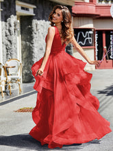 Robe de Soirée Princesse en Tulle à Col en V Longueur au Sol Rouge
