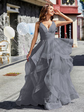 Robe de Soirée Princesse en Tulle à Col en V Longueur au Sol Gris Acier