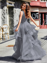 Robe de Soirée Princesse en Tulle à Col en V Longueur au Sol Gris Acier