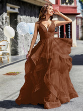 Robe de Soirée Princesse en Tulle à Col en V Longueur au Sol Terracotta Grande Taille