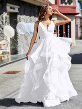 Robe de Soirée Princesse en Tulle à Col en V Longueur au Sol Blanc Grande Taille