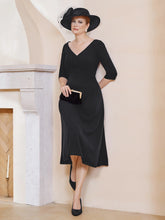 Robe Plissée de A-ligne à Col en V Longueur de Mollet en Mousseline Noir