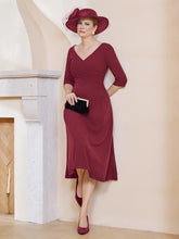 Robe Plissée de A-ligne à Col en V Longueur de Mollet en Mousseline Bordeaux