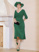 Robe Plissée de A-ligne à Col en V Longueur de Mollet en Mousseline Vert Foncé