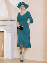 Robe Plissée de A-ligne à Col en V Longueur de Mollet en Mousseline Bleu Encre